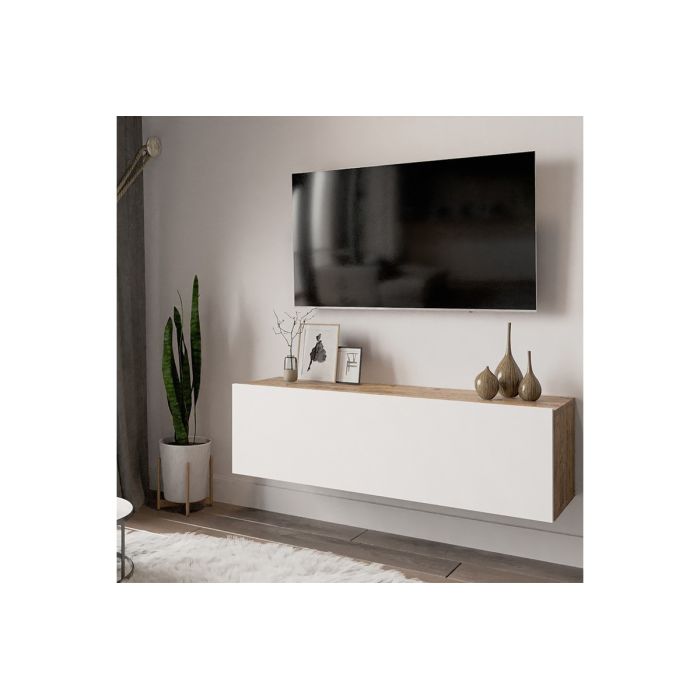 Mueble Mesa TV Moderno con Puerta en Melamina Color Blanco y Cambria 100x31.5x29.6cm - Diseño Elegante para Salón.