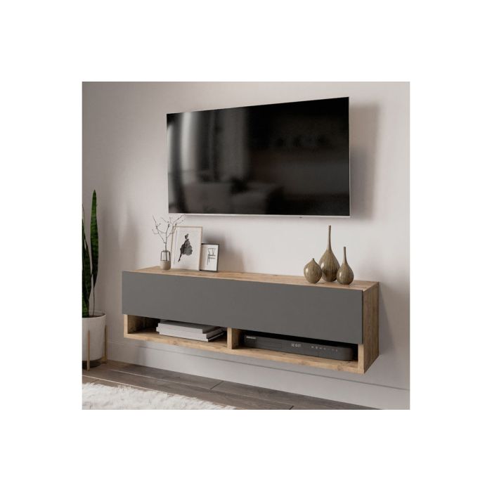Mueble Mesa TV Moderno con 1 Puerta y Estantes en Melamina Color Antracita y Cambria - 100x31.5x29.6cm