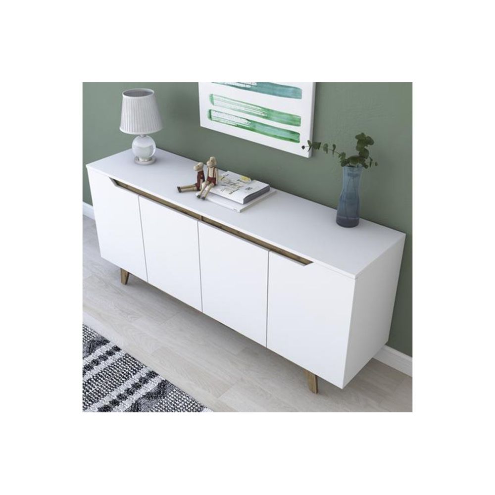 Buffet con 4 Puertas y Patas de Madera Resistente - Nogal-Blanco - 180x45x78,5cm