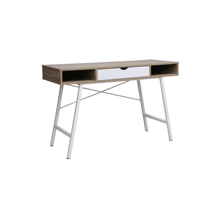 Mesa de Estudio y Trabajo con Cajones, Blanco y Roble, 120x48x76cm, Patas Metálicas - Moderna y Duradera