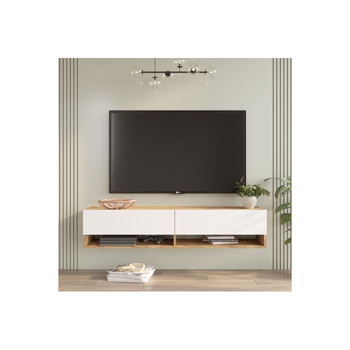 Mueble Mesa TV de Pared Color Blanco-Roble 140x31.6x29.6 cm - 2 Puertas - Estilo Moderno y Funcional.