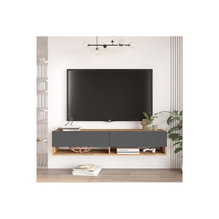 Mueble Mesa TV de Pared Color Antracita-Roble 140x31.6x29.6 cm - 2 Puertas - Estilo Moderno y Funcional.
