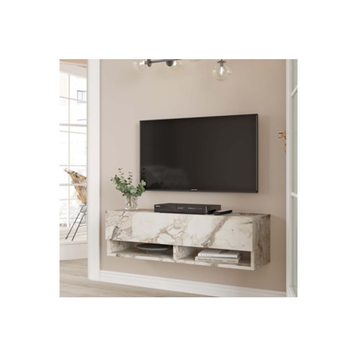 Mueble Mesa TV Moderno con 1 Puerta y Estantes en Melamina Color Mármol Marfil - 100x31.5x29.6cm