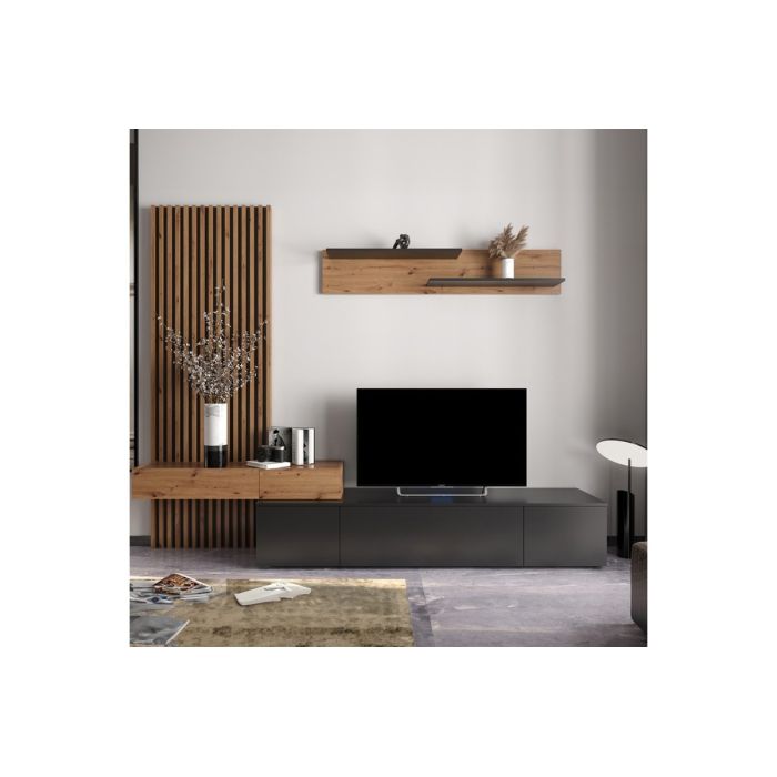 Mueble tv completo en Negro-Cambria, Fabricado en Melamina, 249,5x42x199,5cm - Moderno y Funcional.