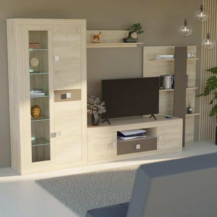 Mueble de Salón Moderno con Leds, Acabado en Cambria y Choco, Medidas: 300 cm (An) x 200 cm (Al) 40 cm (Fon) - Meyvaser