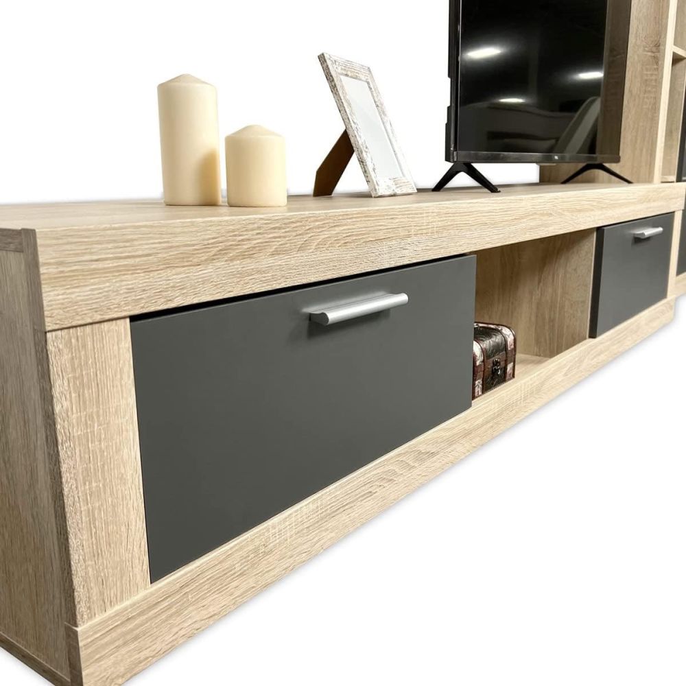 Mueble de salón y TV Moderno con Leds Color Cambria, cambria y grafito módulo de comedor