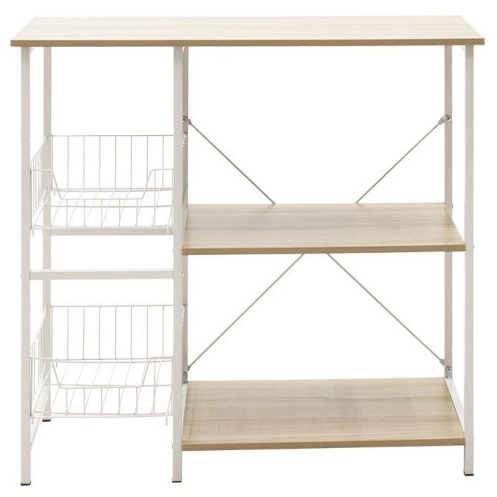 Estanteria de Cocina con 2 Cestas de Malla Metálica Blanca, 3 Estantes y Ganchos 80x34x75cm Color Madera y Blanco