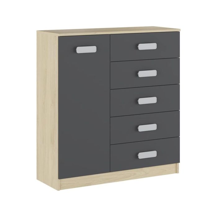 Cómoda Grande para Dormitorio o Salón – Natural y Grafito, 60 x 108 x 60 cm, 1 Puerta y 5 Cajones de Almacenaje.