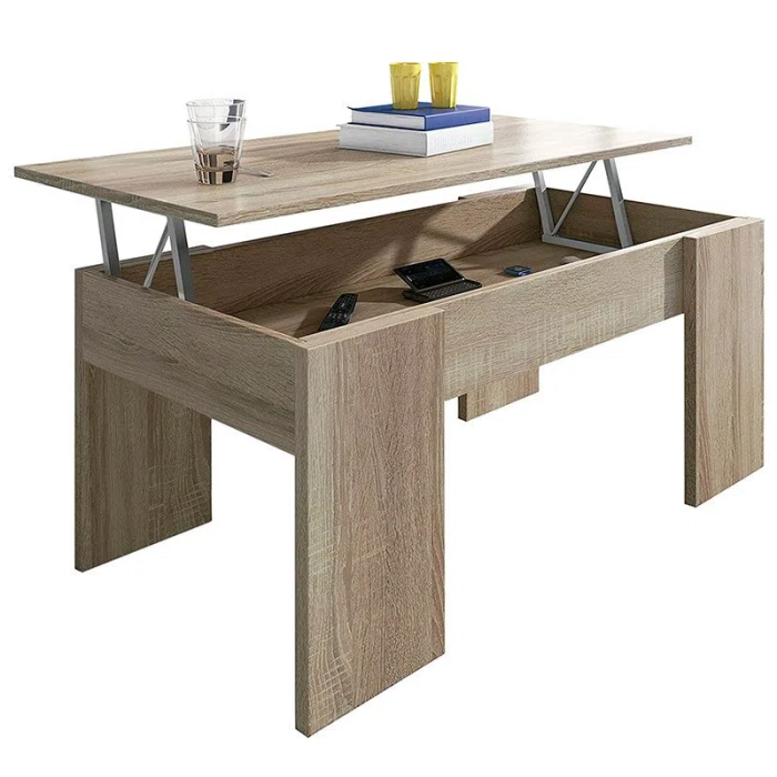Mesa de Centro Elevable, Para Salón o Comedor,Acabado en Color Cambria, Medidas: 90 cm (An) x 50 cm (Fon) x 46-57 cm (Al)
