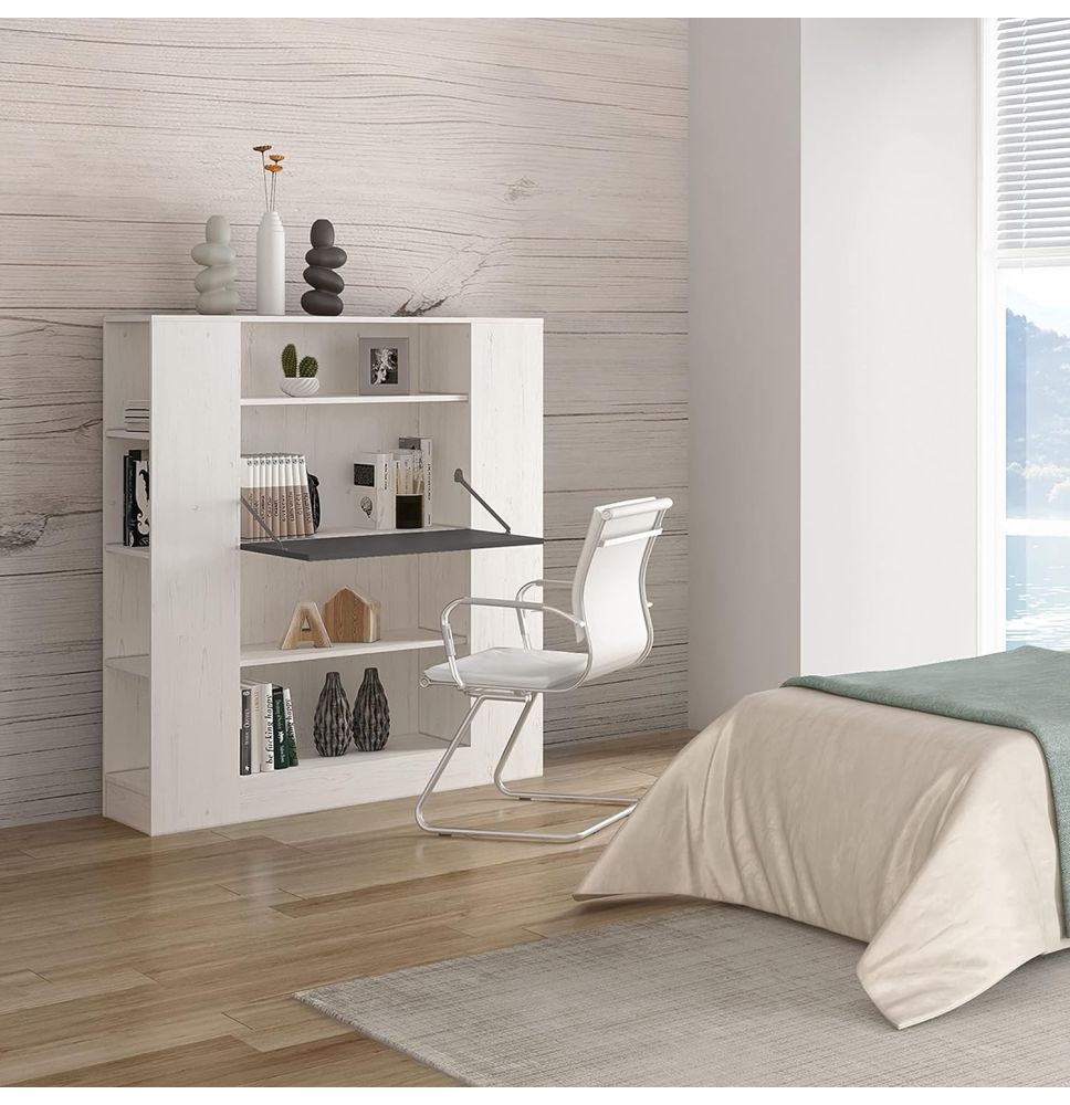 Estantería con Escritorio, Mesa de Ordenador, Acabado en Blanco y Negro, Medidas: 119,6 cm (Largo) x 139,6 cm (Alto) x 34,5 c