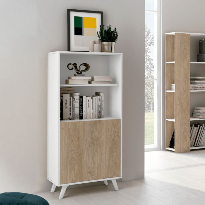 Mueble Bar para Salón o Comedor, Aparador de Cocina, Color Blanco-Roble, Medidas: 60 cm (An) x 135 cm (Al) x 40 cm (Fon)