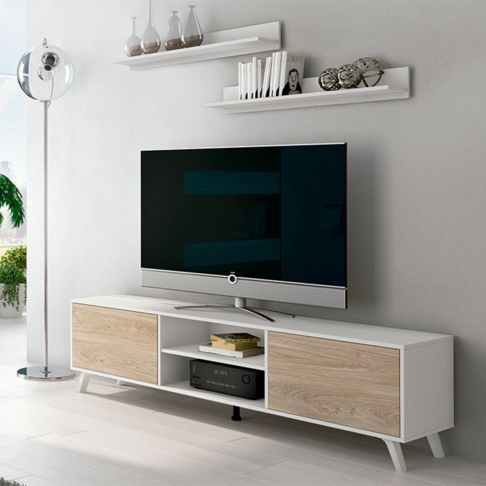 Mueble de TV de Diseño Nórdico + 2 Estantes, 2 Estantes y 2 Puertas,Cambrian-Blanco, 49cm(Al) x 180cm (Anc) x 40cm (Fon)