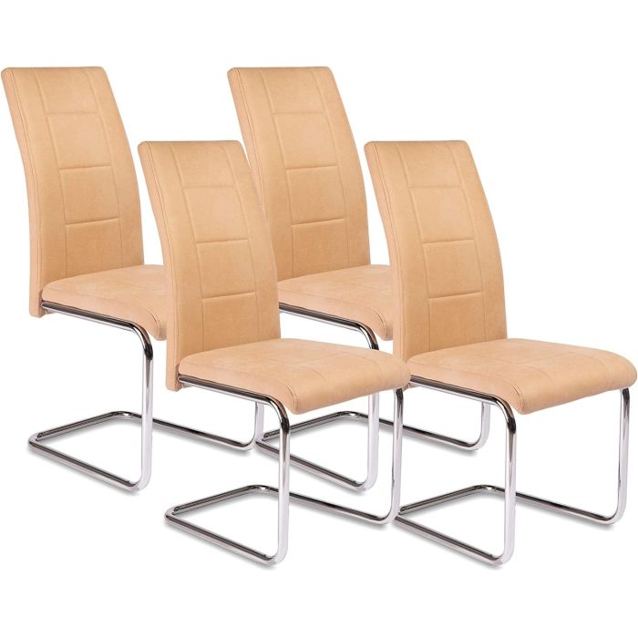Pack de 4 Sillas Tapizadas para Salón– Acabado Color Beig con Patas Cromadas de Aluminio, Medidas: 42,5 cm x 52 cm x 99 cm