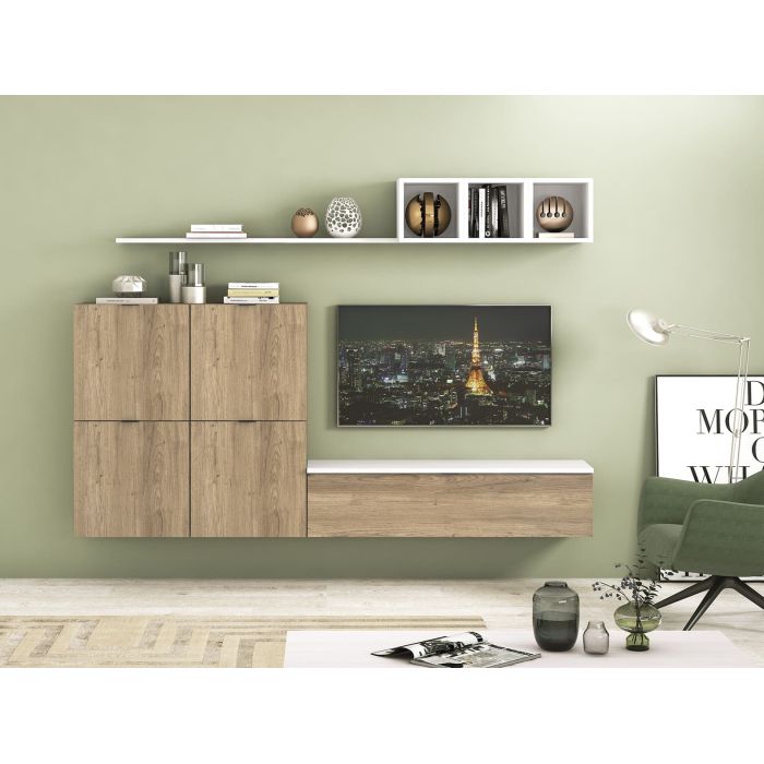 Meyvaser Mueble de salón y TV Conjunto muebles de salón apilable 245 Cm Ancho Color Madera y Blanco