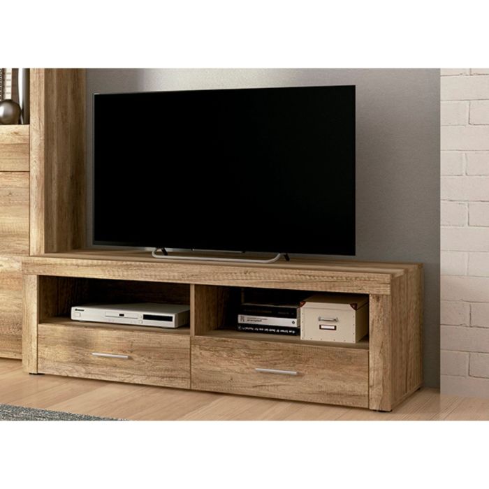 Mueble Mesa TV, Mesa de televisión 2 Puertas y 2 Estantes, Acabado en Cañon, Patas de Madera,135 cm Lar x 45 cm Al x 41,4 cm Fon