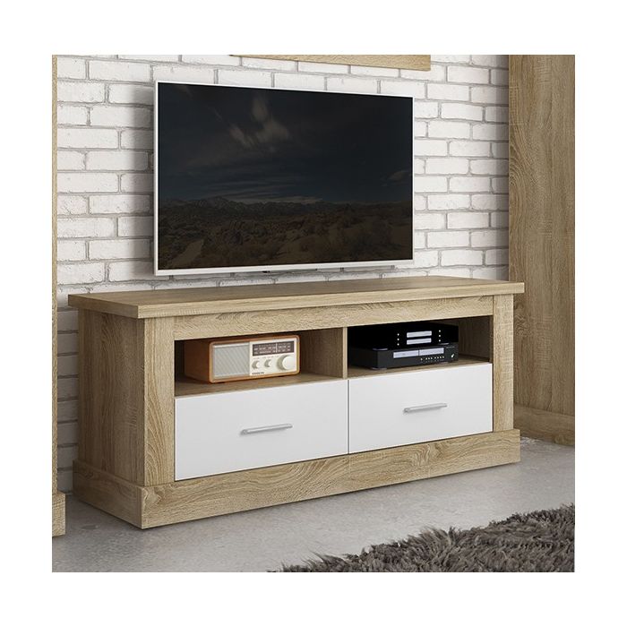 Mueble Mesa TV,Mesa de televisión 2 Puertas y 2 Estantes, Acabado en Cambria y Blanco, Patas de Madera, 135 cm Lar x 56,6 cm Al
