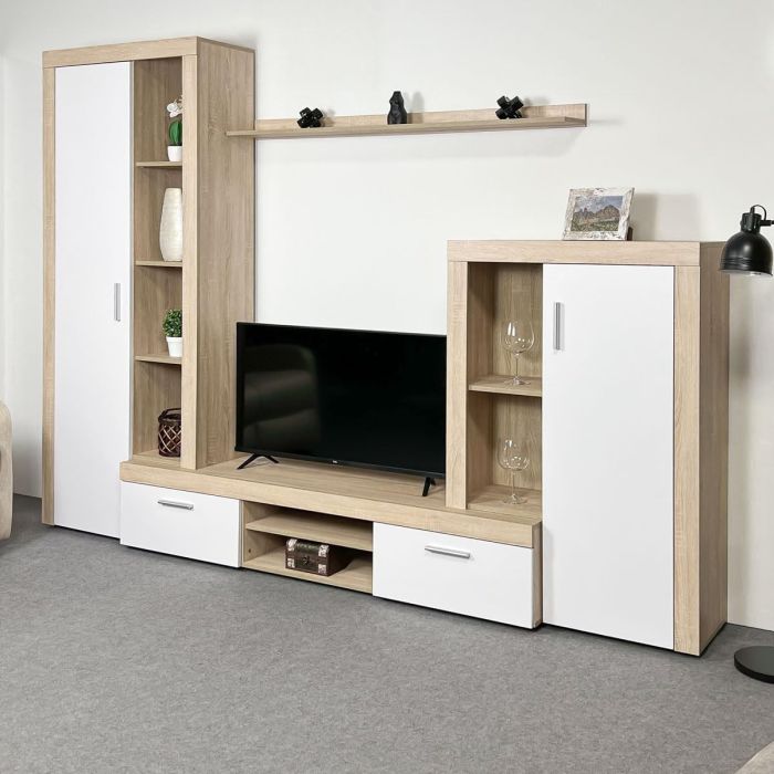 Meyvaser Mueble de salón y TV Composición de salón grande 263 Cm Cambrian-Blanco en madera de gran calidad