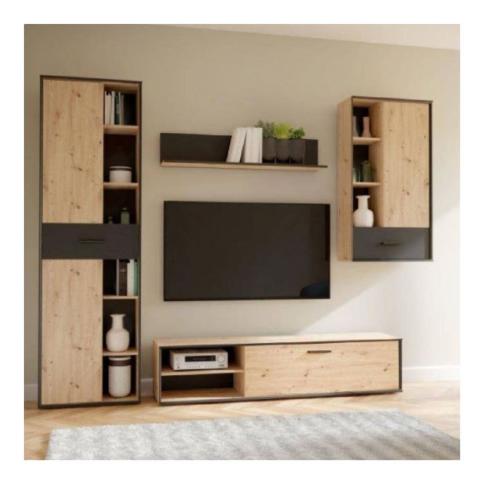 Mueble de Salón Completo | Mueble de TV, Estante, Vitrina | Medidas: 260 x 40.6 x 200 cm | Color Roble Artisan con Gris
