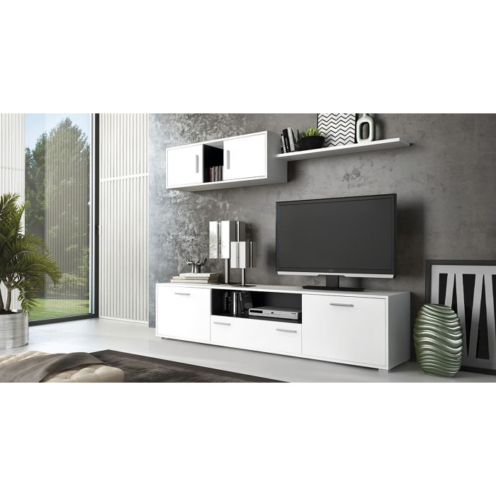 Meyvaser Mueble de salón y TV Composición para salón 200 Cm Color Blanco Gran Espacio Almacenamiento