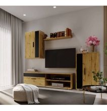 Mueble de Salón Modular Completo| Mueble para Televisión | Color Roble Nudoso y Negro