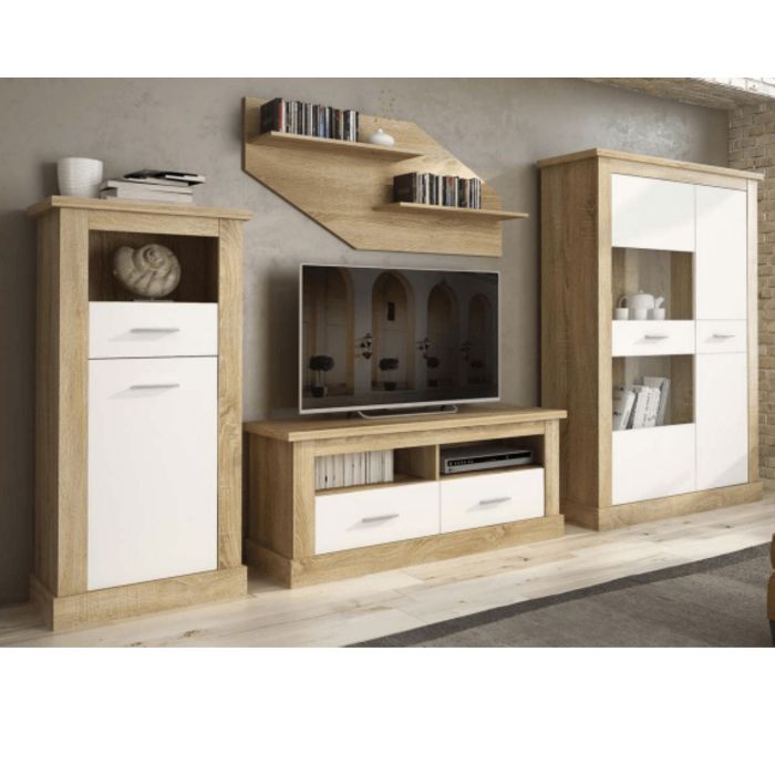 Mueble de Comedor, Mueble Salón, Acabado en Blanco y Cambria, Medidas: 326 cm (Ancho) x 174,7 cm (Alto) x 41,8 cm (Fondo)