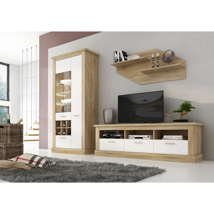Mueble de Comedor, Mueble Salón, Acabado en Blanco y Cambria, Medidas: 276 cm (Ancho) x 201,6 cm (Alto) x 41,8 cm (Fondo)