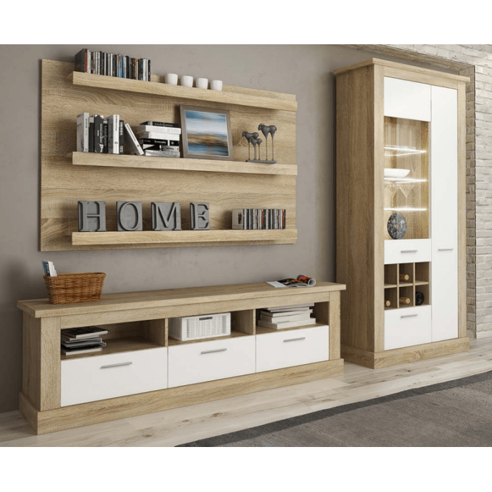 Mueble de Comedor, Mueble Salón, Acabado en Blanco y Cambria, Medidas: 276 cm (Ancho) x 201,6 cm (Alto) x 41,8 cm (Fondo)