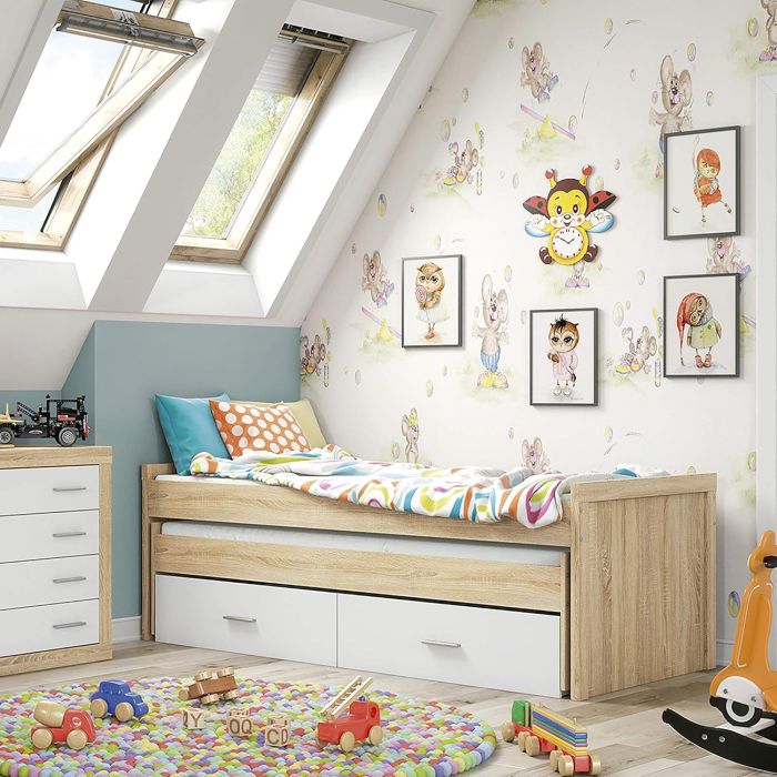Cama Nido Juvenil con Dos Camas y Dos Cajones - Dormitorio en Cambria y Blanco - 200,5 x 98 x 72 cm
