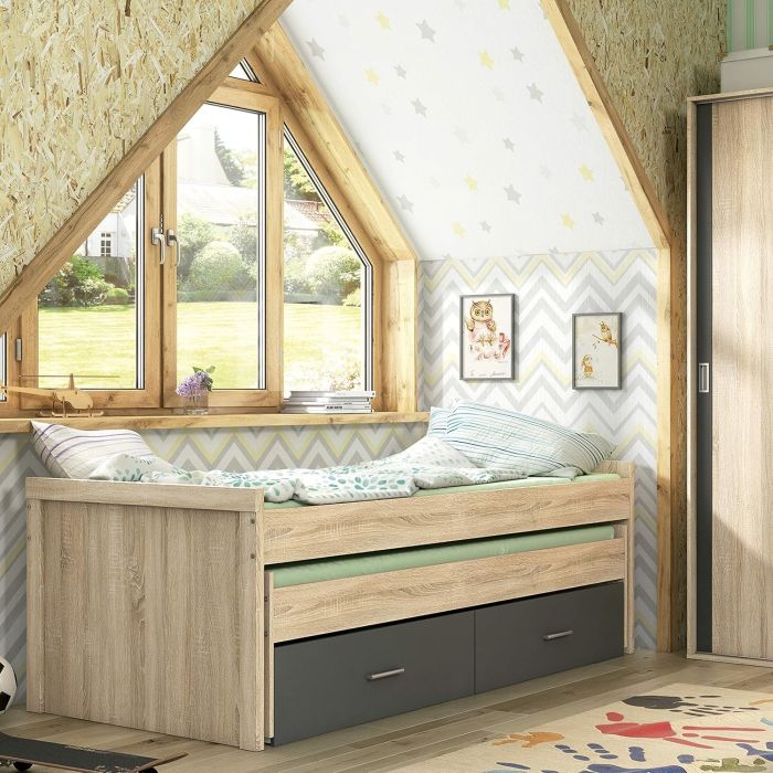 Cama Nido Juvenil con Dos Camas y Dos Cajones - Dormitorio en Cambria y Grafito - 200,5 x 98 x 72 cm