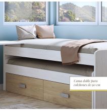 Cama Nido Juvenil Doble con Cajones de Almacenaje – Blanco Veteado y Natural, 198.4 cm Largo x 98 cm Ancho x 72 cm Alto