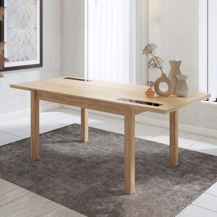 Mesa Comedor, Mesa de salón Extensible, Acabado en Color Cambria y Cristal, Medidas: 140-180 cm (Lar) x 90 cm (Anc) x 75 cm (Al)