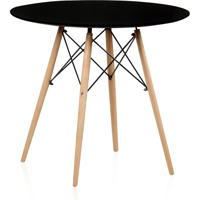 Mesa Redonda de Comedor o Cocina en Patas de Madera y Tapa Negra – 80 cm de Diámetro y 75 cm de Alto.
