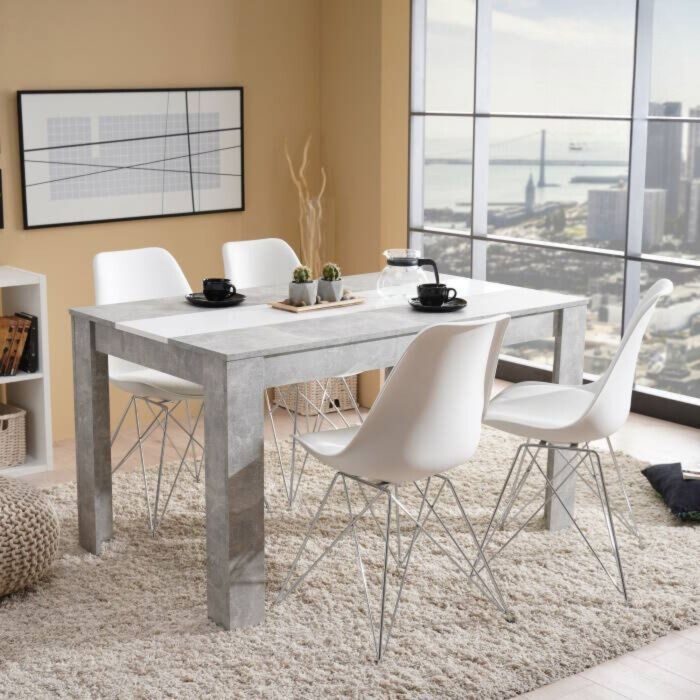 Mesa de Comedor Moderna 135x80x75 cm, Tapa MDF Gris Cemento y Blanco con Patas Resistentes - Estilo Moderno