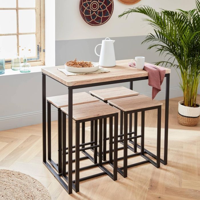 Conjunto de Mesa y 4 Taburetes con Estructura Metálica, Tapa y Asientos en MDF Roble - Mesa 100x60x86 cm, Taburete 43x30x60 cm