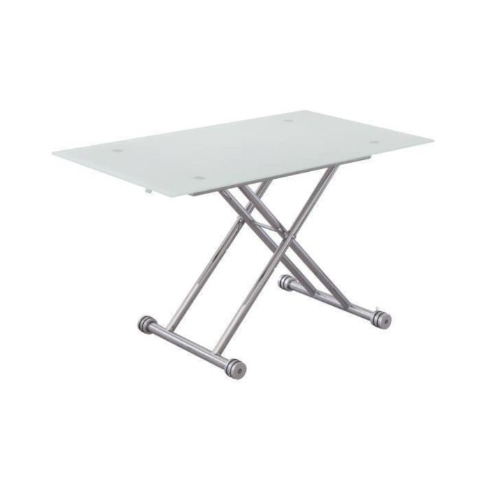 Mesa de Centro Elevable, Cristal de 8 mm y Estructura con Ruedas - Tapa Color Blanco, Mueble Moderno - Medidas 120x70x40-75 cm
