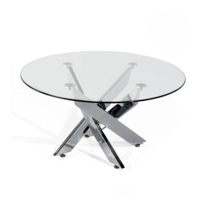 Mesa de Centro Redonda con Tapa de Cristal 8 mm y Patas Metálicas Cruzadas en Acabado Cromo - Mueble Moderno - Medidas 80x40 cm