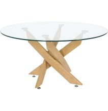 Mesa de Centro Redonda con Tapa de Cristal 8 mm y Patas Metálicas en Acabado Madera - Medidas 80x40 cm