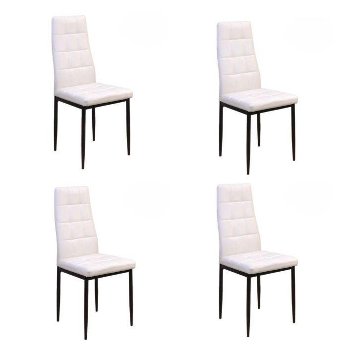 Pack de 4 Sillas Tapizadas en Tela Polipiel Blanca con Costuras Acolchadas, Patas Metálicas en Color Negro, Medidas 43x56x96 cm