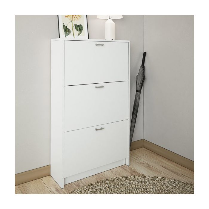 Zapatero Compacto Blanco – Mueble con 3 Puertas y Doble Profundidad | MDF con Acabado Melamina | 70 x 25 x 120 cm