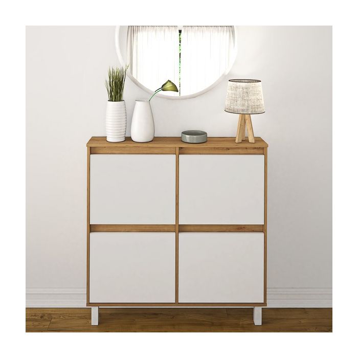 Zapatero de Melamina Roble/Blanco – 4 Puertas Abatibles | Gran Capacidad | 110 x 110 x 20 cm