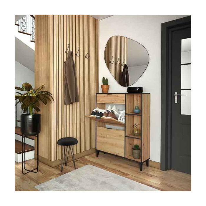 Mueble Zapatero de Entrada – 2 Puertas y 1 Cajón | Color Roble/Pizarra | 110 x 90 x 24,5 cm