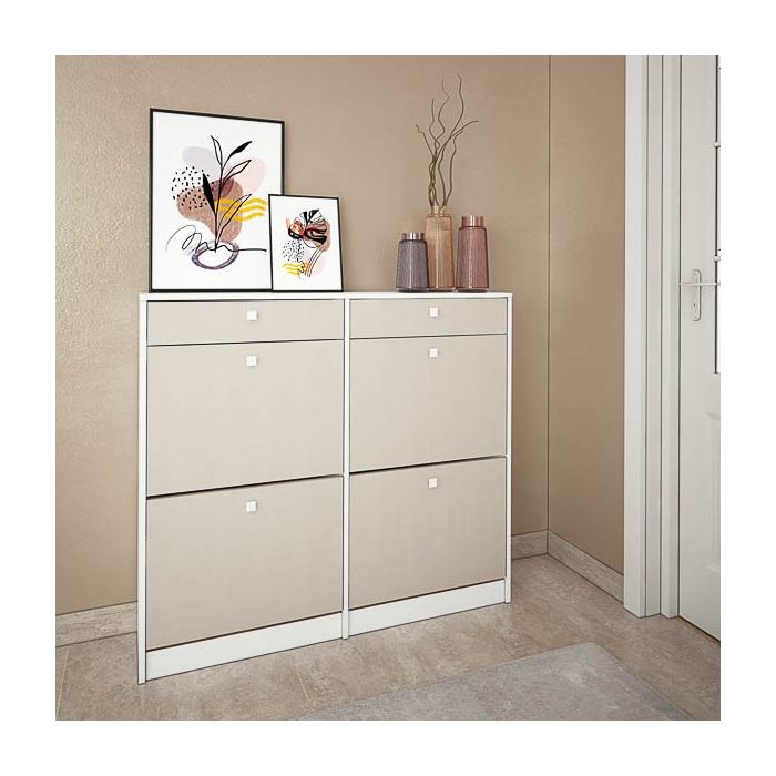 Mueble Zapatero con 4 Puertas y 2 Cajones | Acabado Blanco/Textil | 116,8 x 104,3 x 27 cm