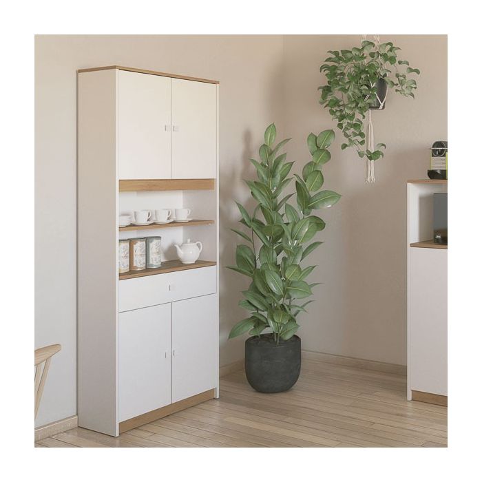 Armario Multiusos Tipo Buffet con 4 Puertas – Acabado Blanco y Roble – 180 x 67 x 29 cm (alto x ancho x fondo)