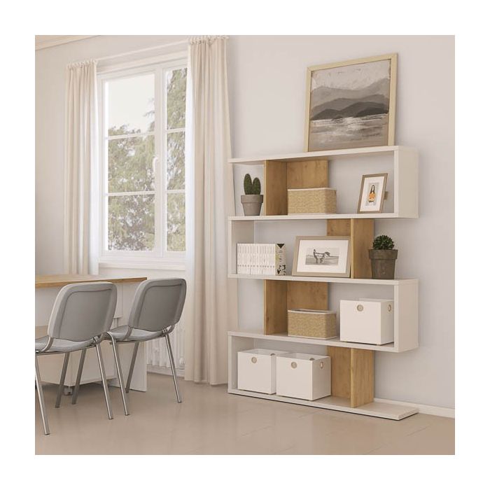 Estantería Salón, Librería, Color Blanco y Roble, Medidas: 152 cm (Alto) x 110 cm (Ancho) x 28,5 cm (Fondo