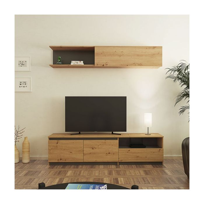 Mueble de TV de Diseño + Modulo Alto de Almacenamiento y 2 Puertas,Roble y Gris 85 cm(Alto) x 200cm (Ancho) x 40cm (Fondo)