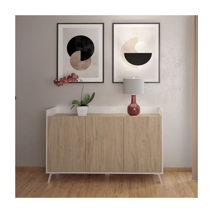 Aparador, Buffet, Salón Comedor 3 Puertas, Armario Auxiliar Color Blanco y Roble, Medidas: 140x87x40 Cm