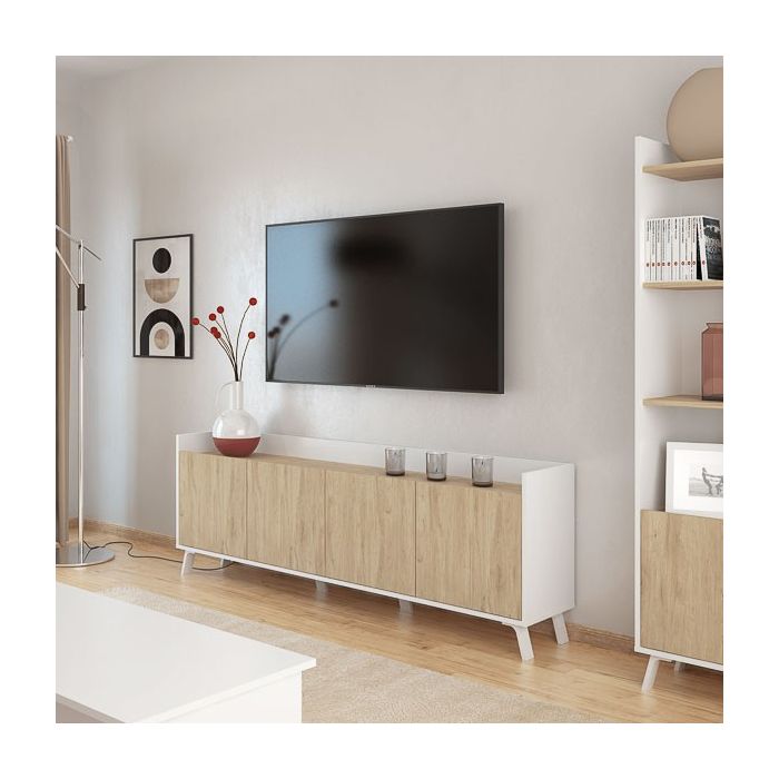 Mueble-Mesa Tv, Salón Comedor 4 Puertas, Armario Auxiliar Color Blanco y Roble, Medidas: 180x63x33,5 Cm