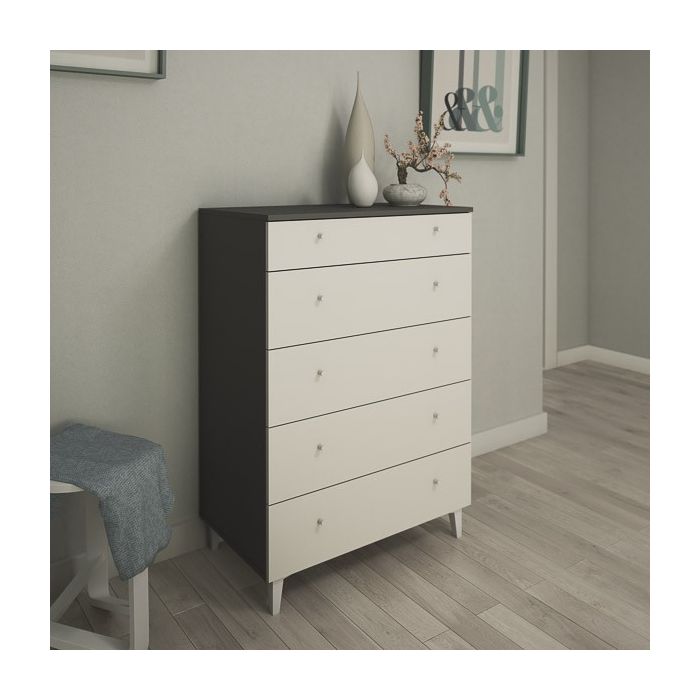 Cómoda con 5 Cajones, para Dormitorio, Acabado en Color Blanco, Medidas: 80 cm (Ancho) x 114,6 cm (Alto) x 48 cm (Fondo)