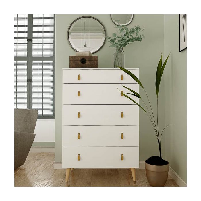 Cómoda con 5 Cajones, para Dormitorio, Acabado en Color Blanco, Medidas: 80 cm (Ancho) x 120 cm (Alto) x 48 cm (Fondo)