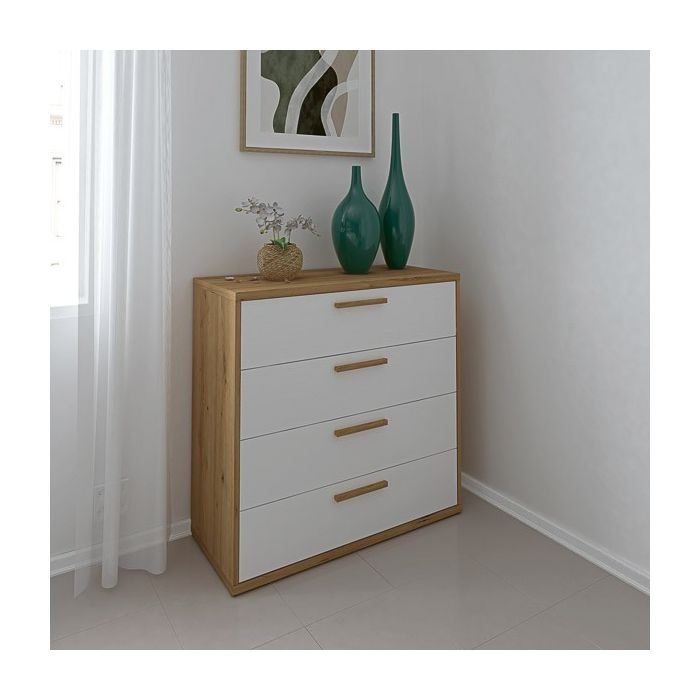 Cómoda con 4 Cajones, para Dormitorio, Acabado en Color Blanco y Roble, Medidas: 88 cm (Ancho) x 86 cm (Alto) x 48 cm (Fondo)